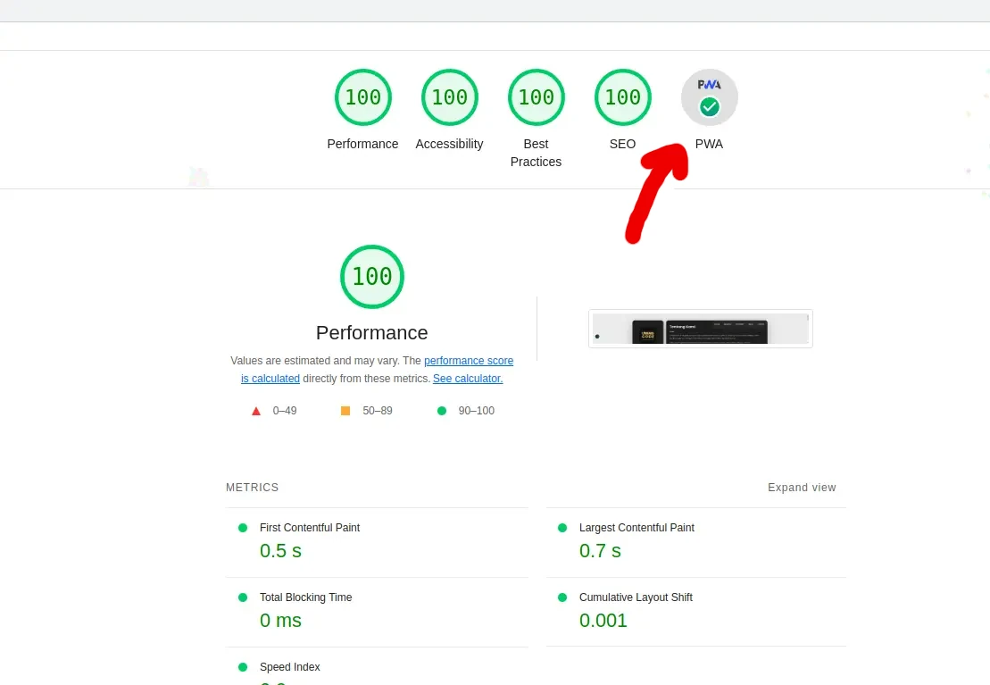 Tanda website sudah mendukung PWA melalui Lighthouse dari Chrome